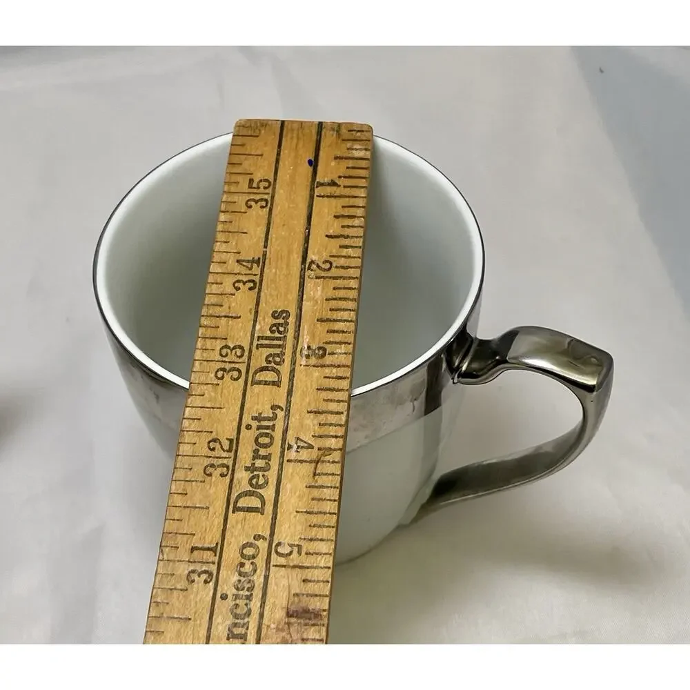 Nicole Miller White Porcelain Silver Metallic Coffee Tea Mugs X2